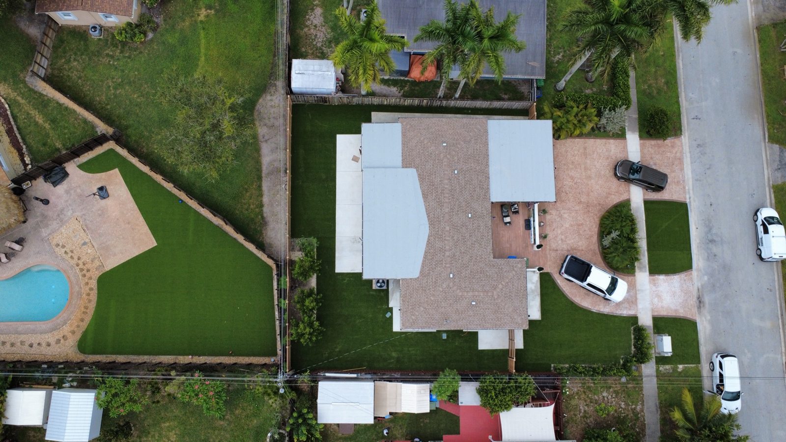 Front and backyard artificial turf, overhead view, Broward County, Florida
